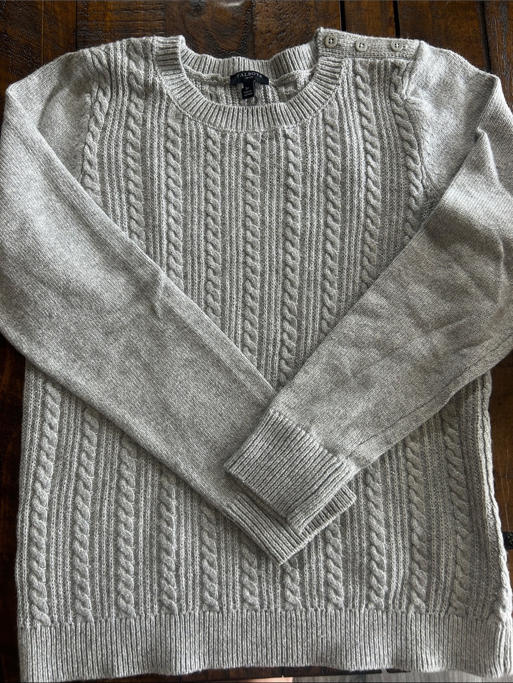 Talbots Grey Cable-Knit Crewneck Sweater with Shoulder Buttons